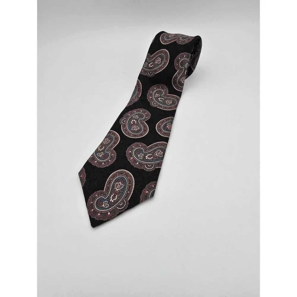 Zianetti Mens Silk Tie Paisley Black Red Brown Teal Made in USA Italian Fabric